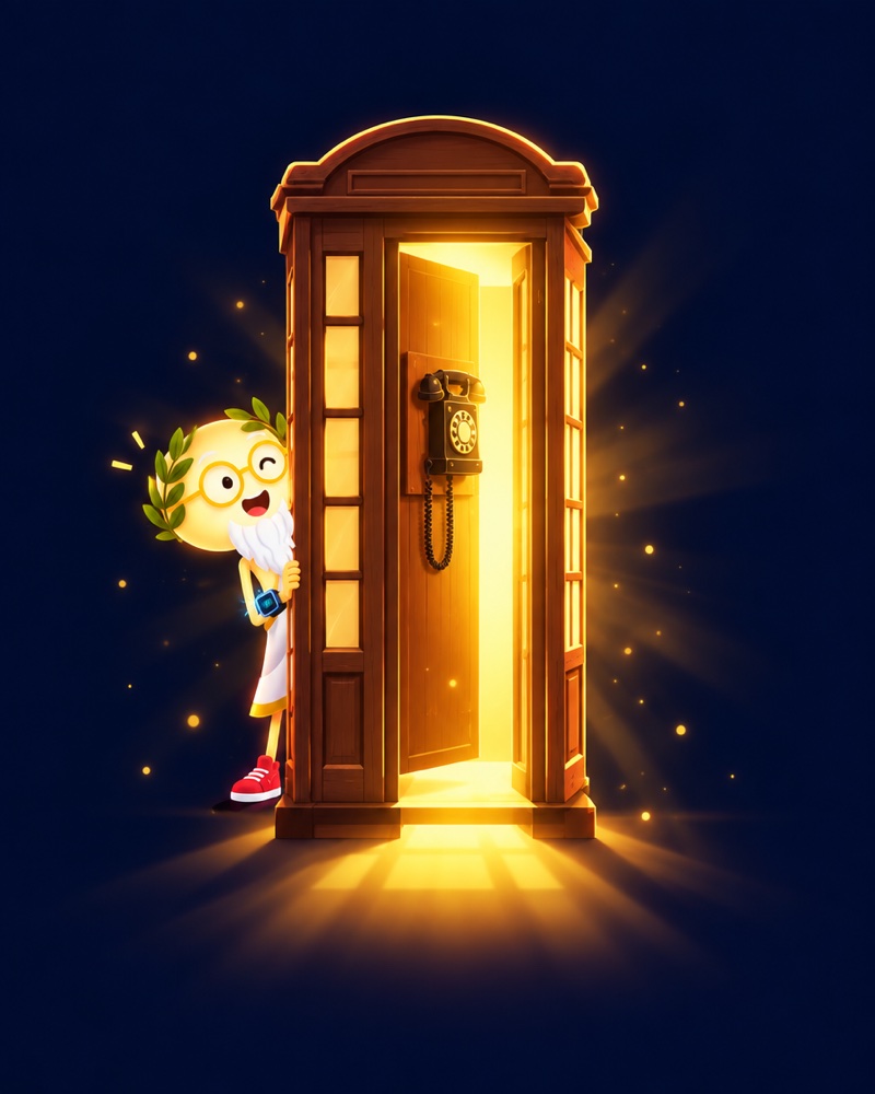 An old phone booth with its back wall swung open and gold light pouring out, Oddo peeking around the side