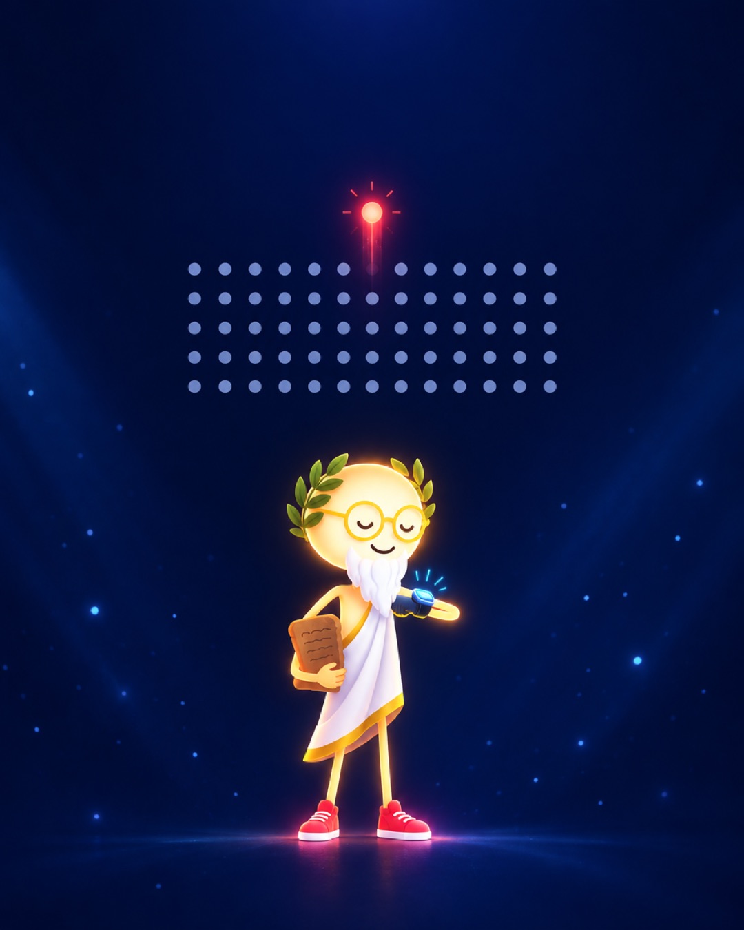Oddo, the world's first marketer, checks his smartwatch under a field of gray dots with one red dot rising