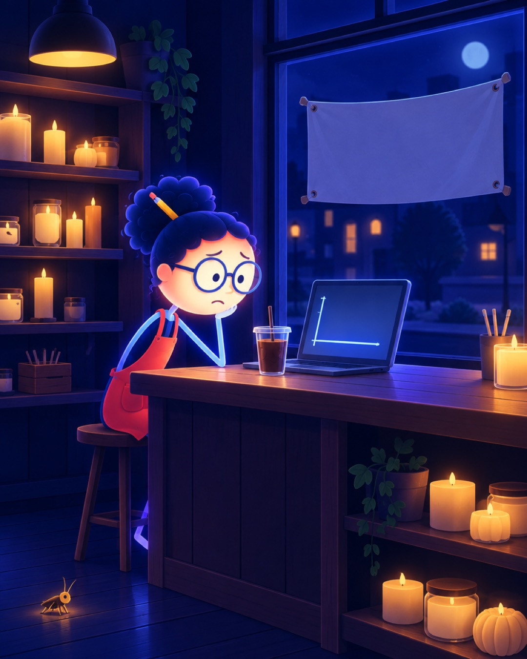 Maria alone at night in her empty candle shop staring at a flat chart