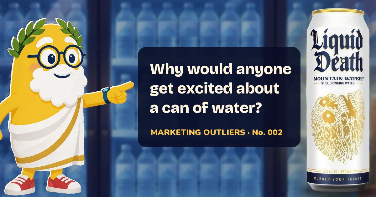 Oddo points at a tall white Liquid Death can in a fridge full of plain water bottles