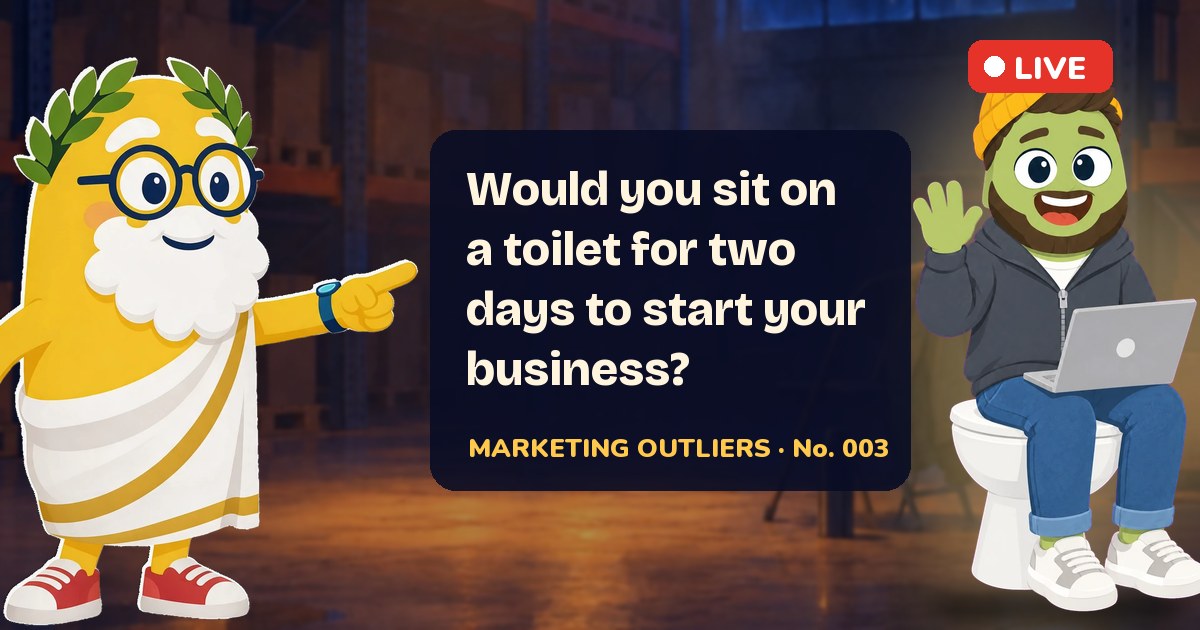 Oddo next to a man sitting on a toilet with a laptop in an empty warehouse, live on camera