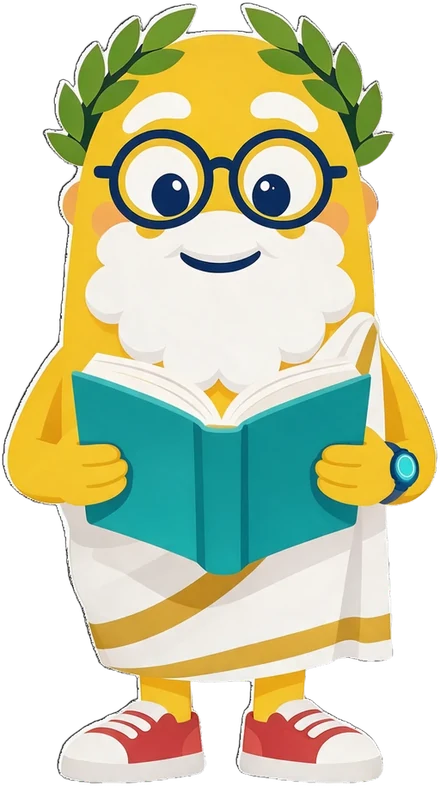 Oddo, a friendly yellow bean in a toga, reading a book