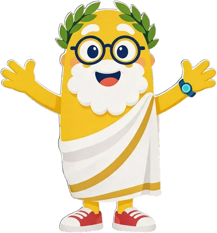 Oddo, a friendly yellow bean in a toga and glasses, waving hello